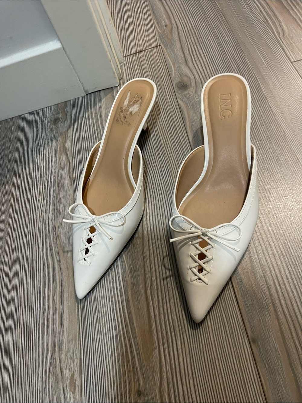 INC International Concepts White Pointed Toe Slip-On Mules with Lace-Up Detail